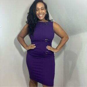 Vintage Cache Purple Ponte Knit Bodycon Dress Gold buckles business casual midi